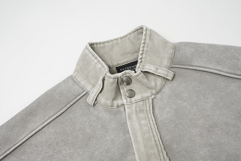 Acid Wash Mock Neck Snap Pullover Sweatshirt with Oversized Front Pockets