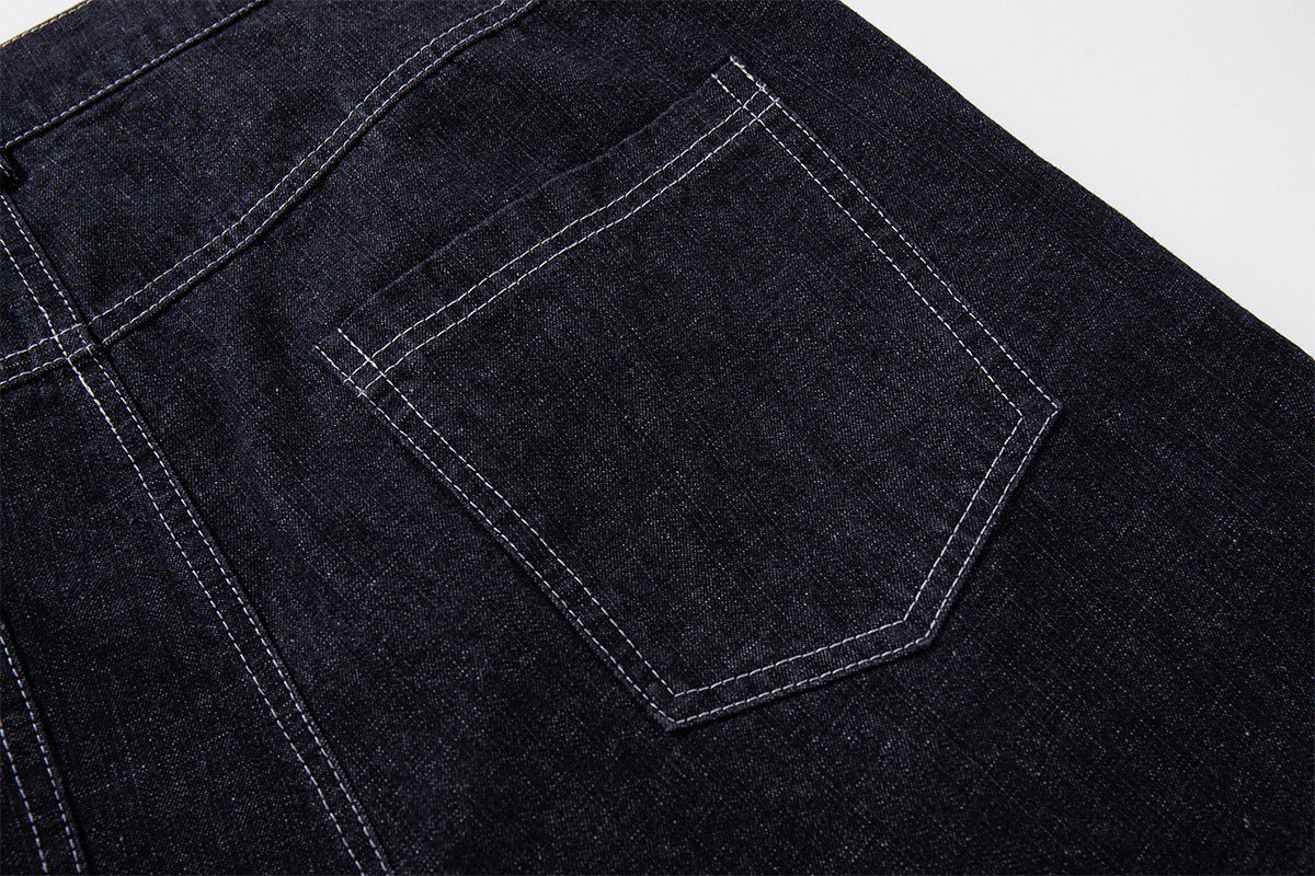 Vaqueros baggy de pierna ancha, lavado oscuro, bragueta diagonal de botones y denim crudo