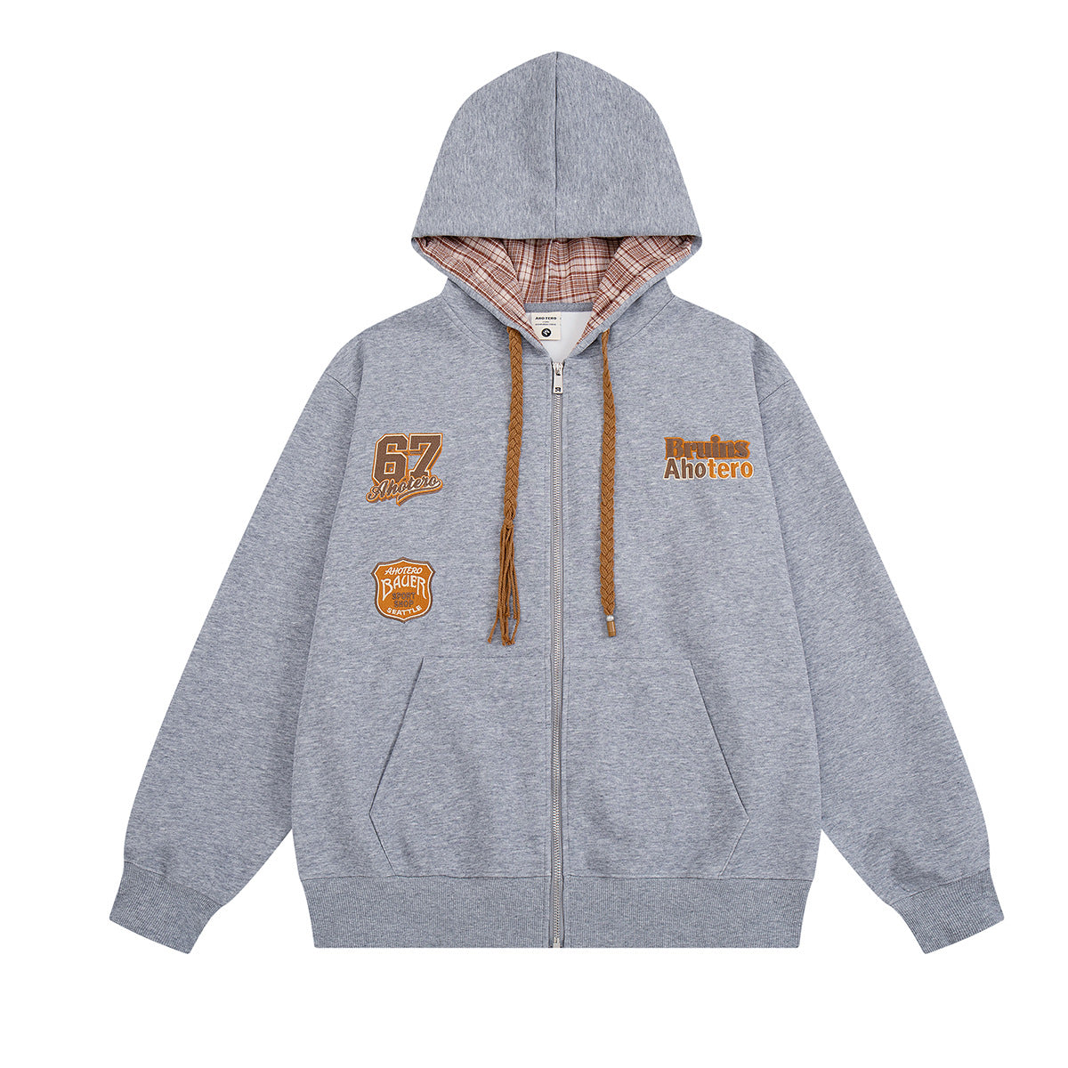 Oversized zip-up hoodie in heather gray with embroidered varsity patches, plaid-lined hood, and braided drawstrings