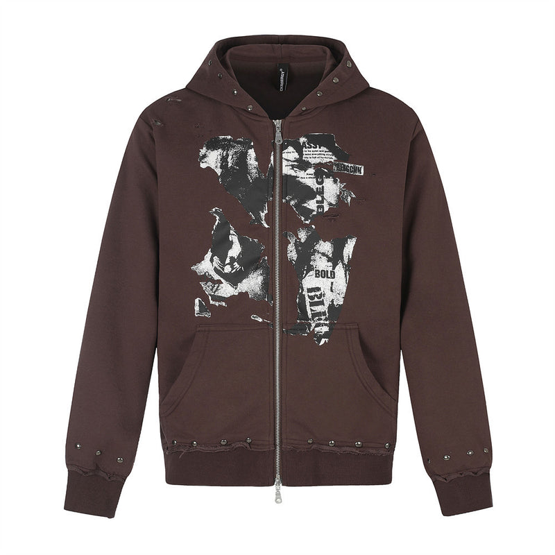 Brown zip-up hoodie front view with abstract white graphic print, studded hood and distressed hems