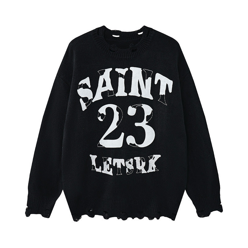 Pull oversize Saint 23 LETSRK à col rond en maille effet usé, coloris noir, avec lettrage appliqué contrastant