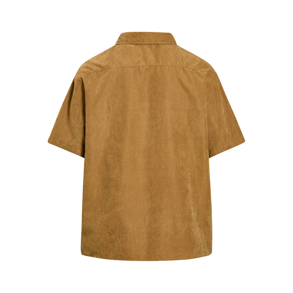 Men's Oversized Short Sleeve Button-Up Shirt – Casual Solid Suede-Texture