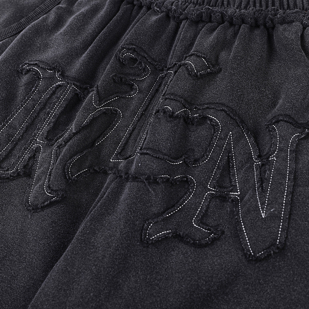 Pantalon de survêtement à jambes larges avec appliqué de lettres gothiques – Streetwear vintage délavé à l’acide