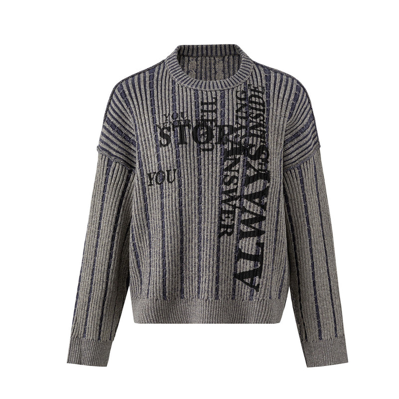 Striped Letter Print Crew Neck Pullover Sweater