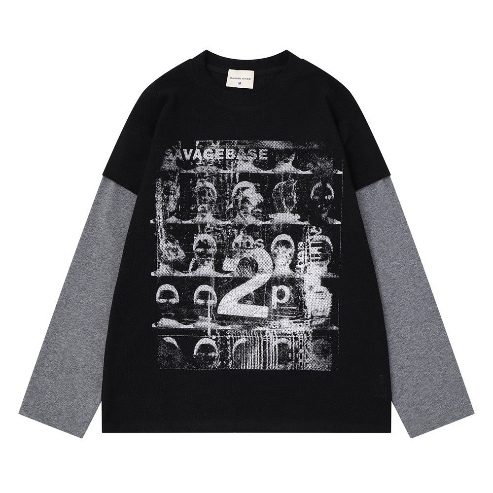 Men's SAVAGEBASE faux-layered long sleeve graphic tee in black with grey contrast sleeves and distressed portrait chest print