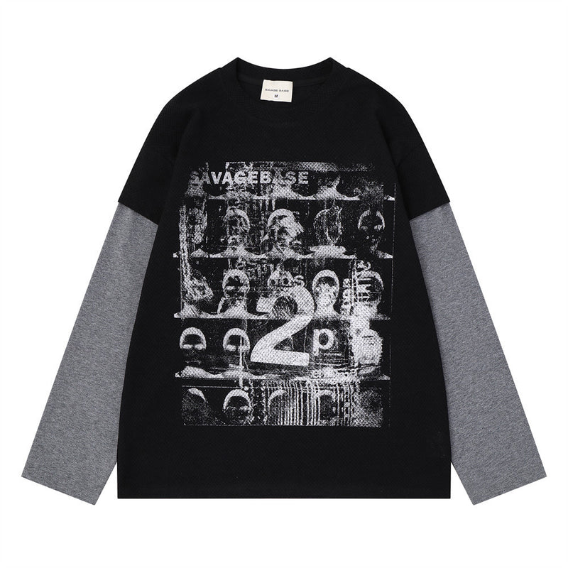 Men's SAVAGEBASE faux-layered long sleeve graphic tee in black with grey contrast sleeves and distressed portrait chest print