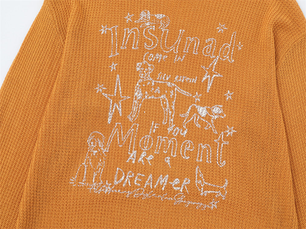 Pull en maille à col rond avec motif chien cartoon – Sweat à base usée