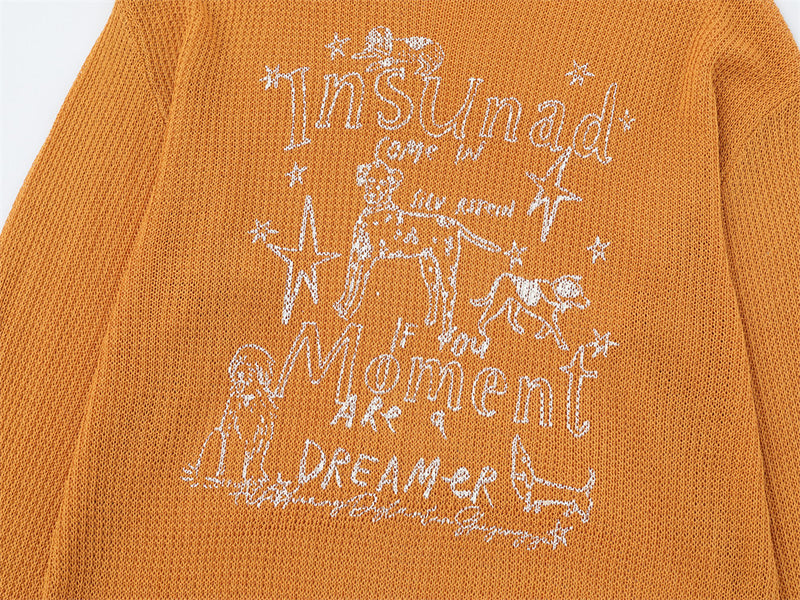 Pull en maille à col rond avec motif chien cartoon – Sweat à base usée