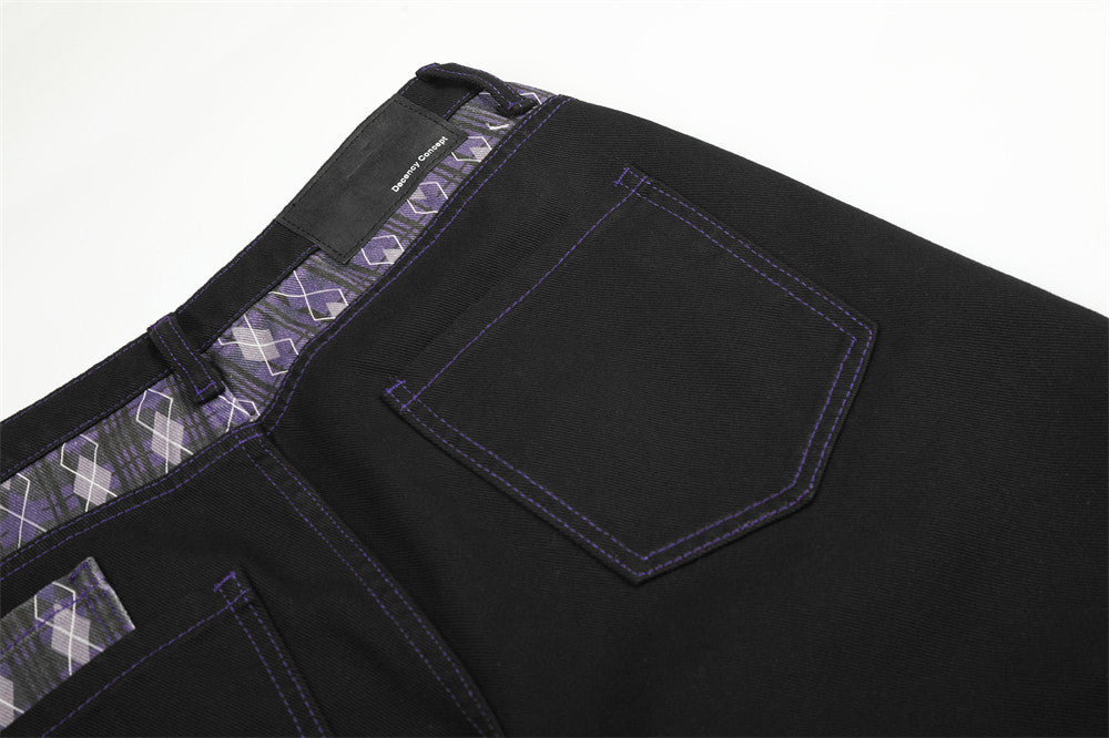 Wide-Leg Jeans with Argyle Patchwork Waistband and Hem Detail