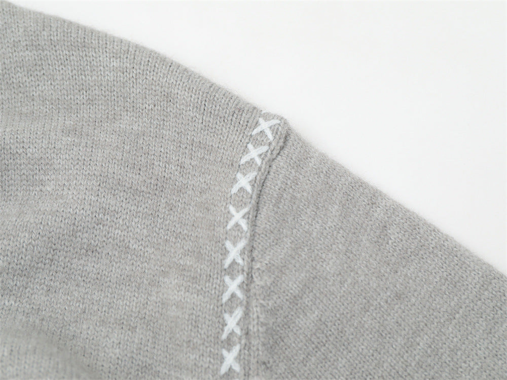 Crew Neck Sweater Men's Oversized Embroidered Knit Pullover