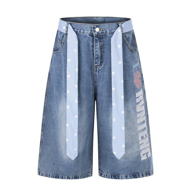 I Love RUNTENG Letter Print Wide-Leg Denim Shorts with Polka Dot Tie Detail