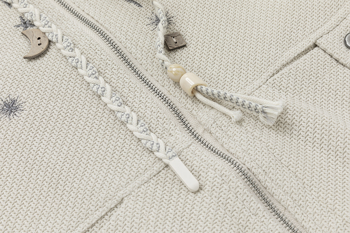 Celestial Moon & Star Embroidered Zip-Up Hoodie Jacket with Hanging Charms