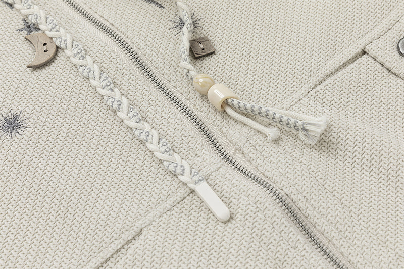 Celestial Moon & Star Embroidered Zip-Up Hoodie Jacket with Hanging Charms