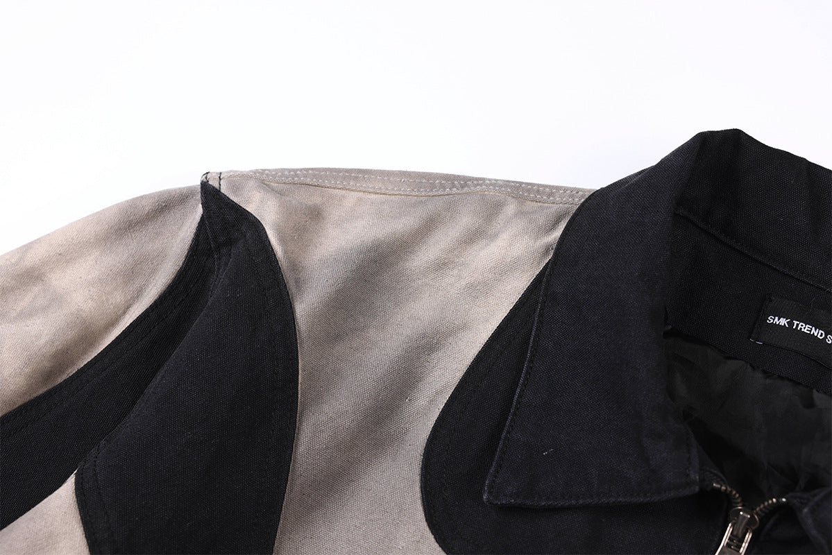 Abstrakte Patchwork-Reißverschlussjacke – Zweifarbig in Schwarz und gewaschenem Grau, verkürzte Harrington-Jacke