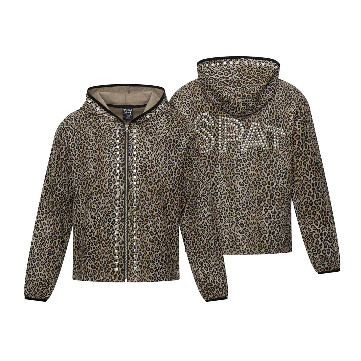 Zip-Hoodie mit Leopardenprint, Kristallnietenbesatz an der Reißverschlussleiste und Strassgrafik am Rücken, Vorder- und Rückansicht