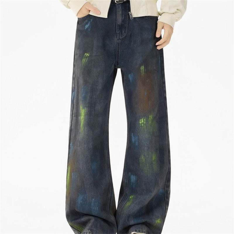 Baggy Paint Splatter Jeans Men – Wide Leg Grunge Denim Straight Pants