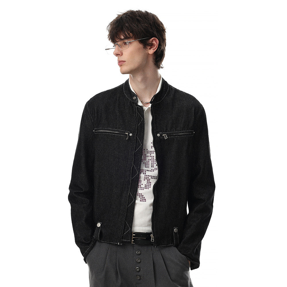 Men's black denim zip-up moto jacket with stand collar and chest zip pockets, front and back view