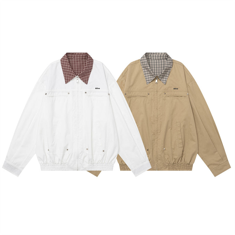 Oversized Harrington Jacket with Contrast Plaid Collar – Men's Relaxed Fit