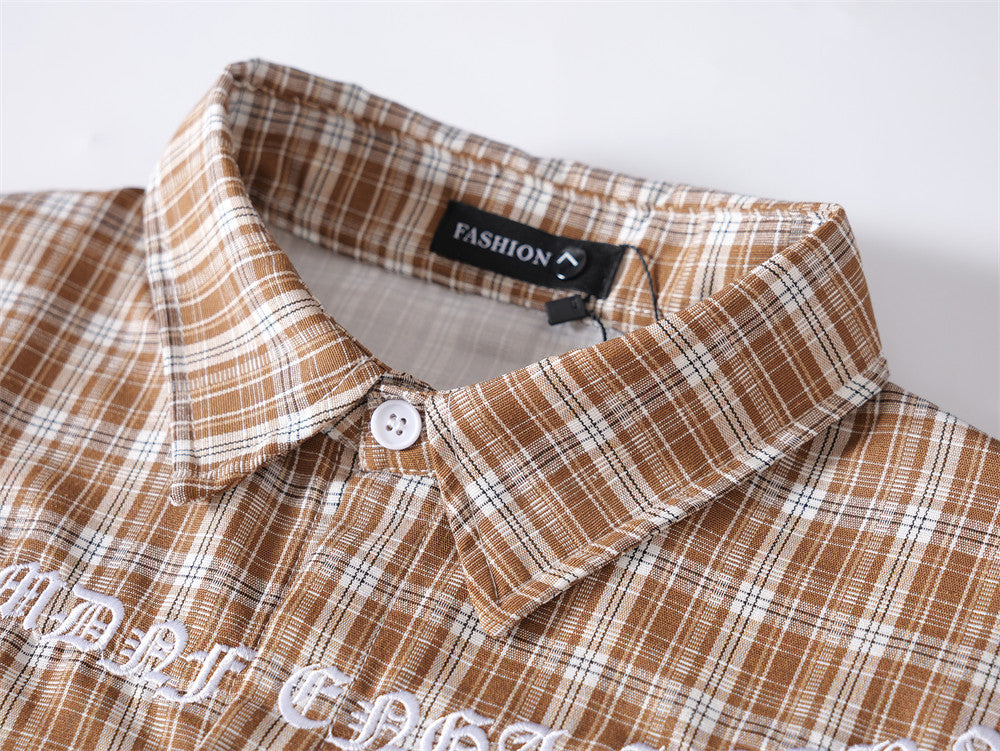 Oversized Plaid Short-Sleeve Shirt with Pearl Star Embroidery