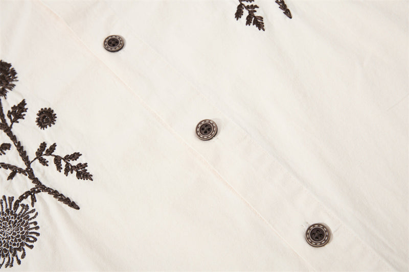Floral Embroidered Oversized Long-Sleeve Button-Up Shirt