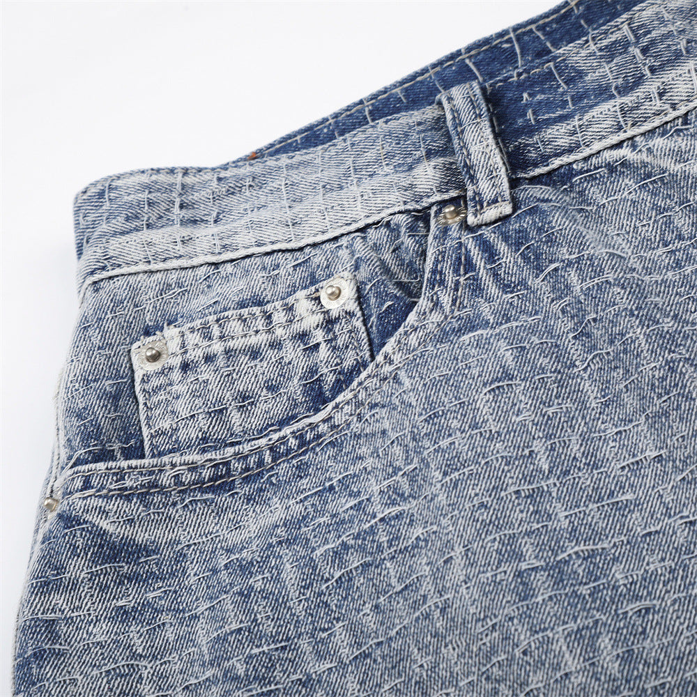 Men's Wide-Leg Denim Shorts – Relaxed Fit Jacquard Textured Jean Shorts