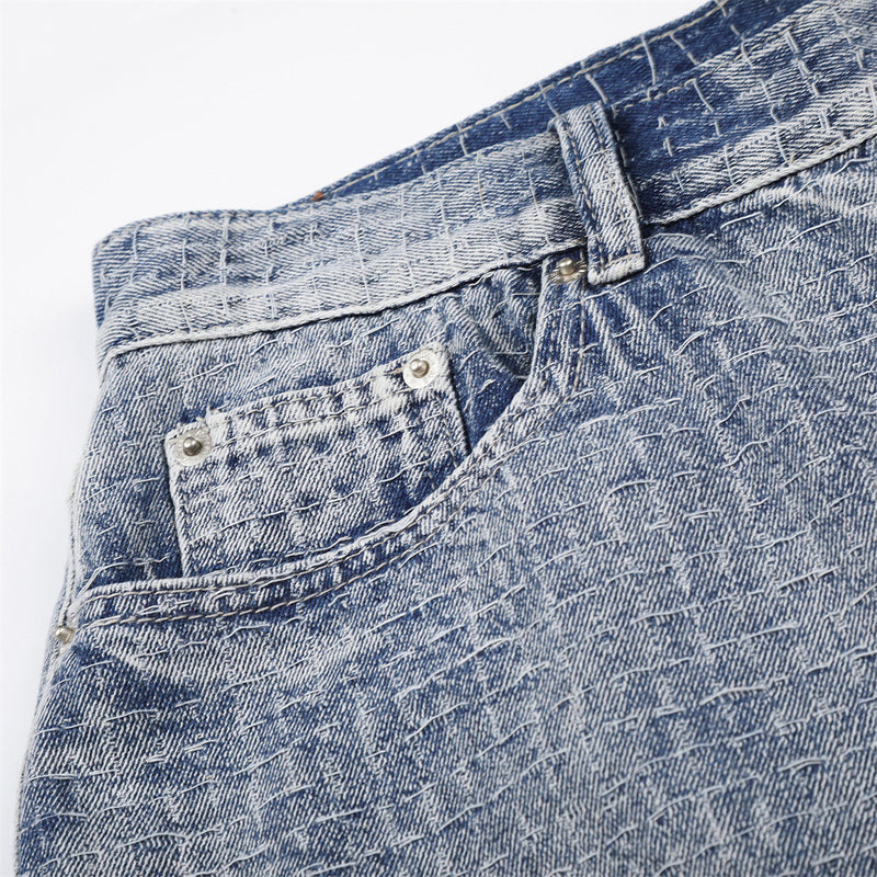 Men's Wide-Leg Denim Shorts – Relaxed Fit Jacquard Textured Jean Shorts