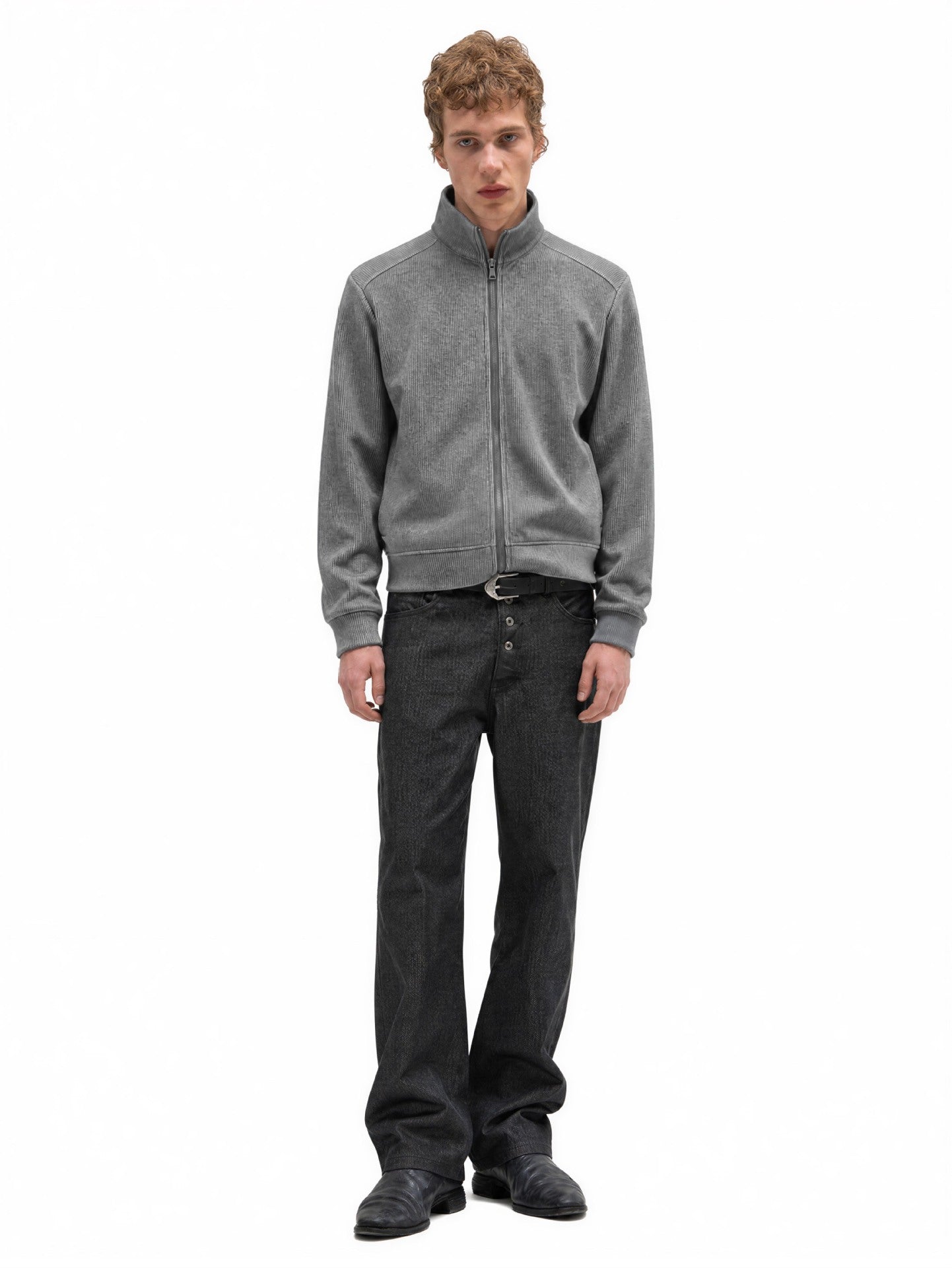 Veste homme côtelée zippée à col montant – Style sportswear vintage délavé