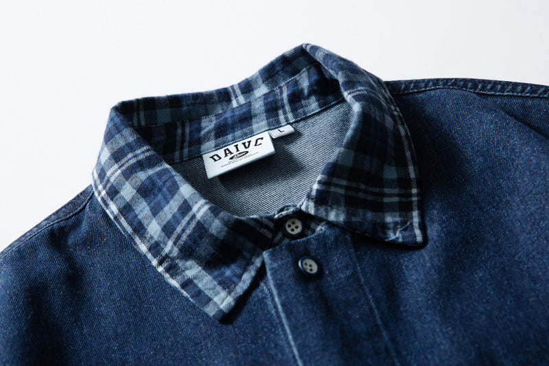 Long Sleeve Oversized Shirt – Denim & Plaid Splice Faux Two-Piece Design