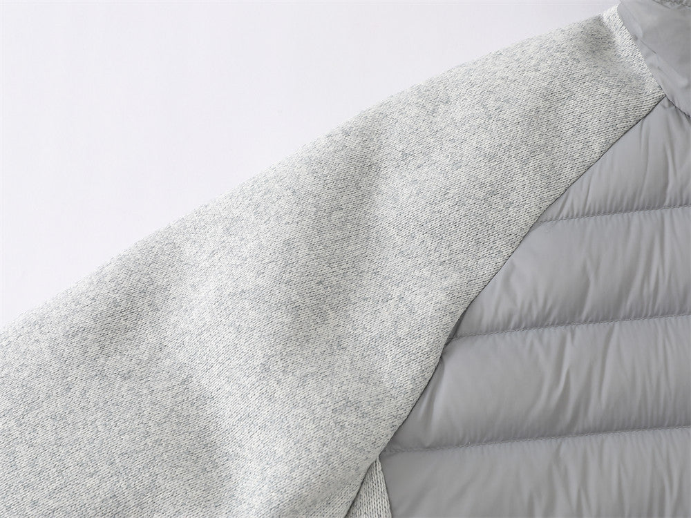 Graue Herren-Hybridjacke mit Kapuze, Reißverschluss und Steppoptik – Strickärmel