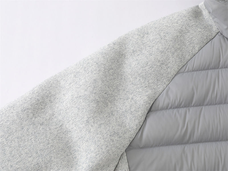 Graue Herren-Hybridjacke mit Kapuze, Reißverschluss und Steppoptik – Strickärmel