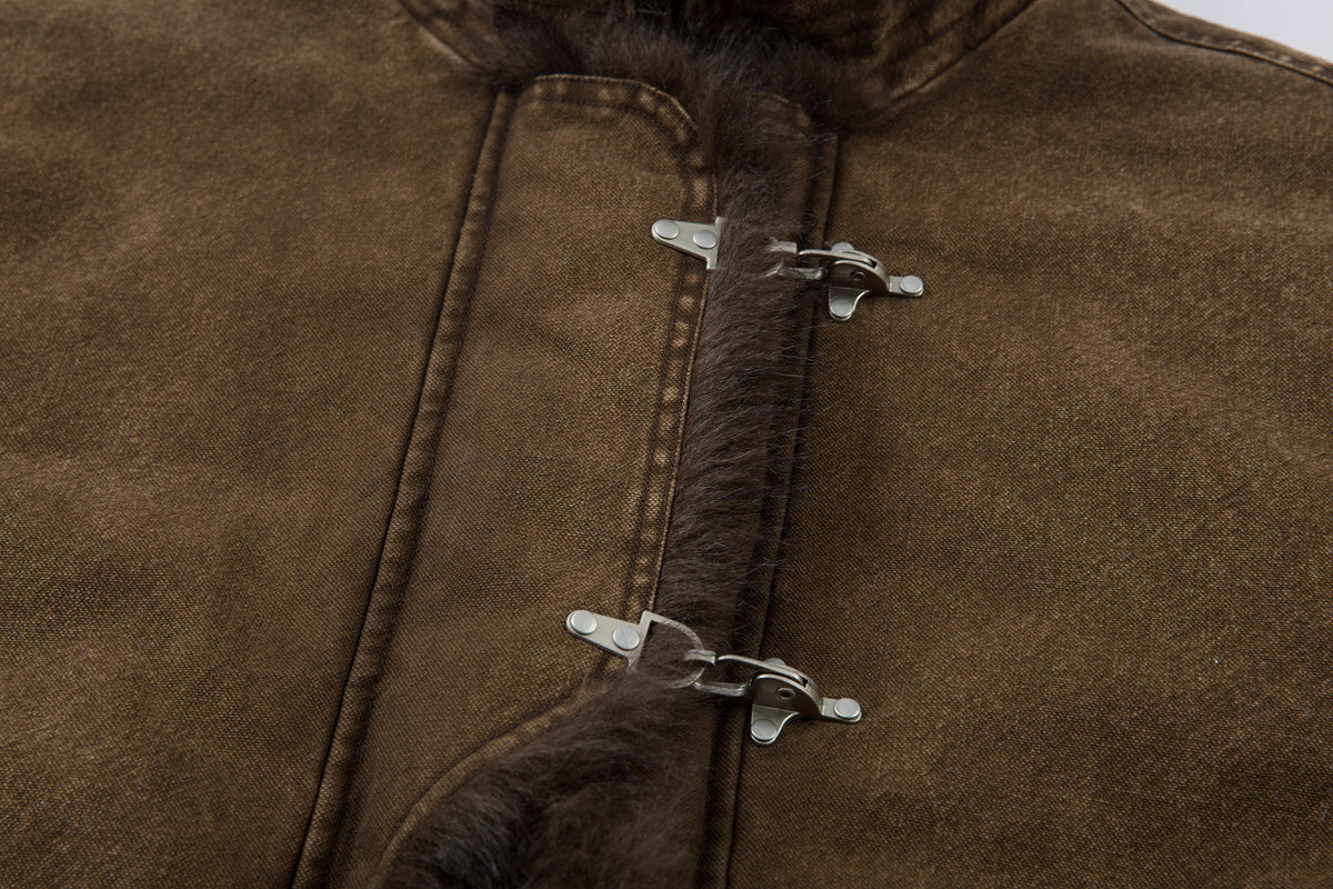 Sherpa Lined Denim Jacket with Fur Collar & Toggle Clasps