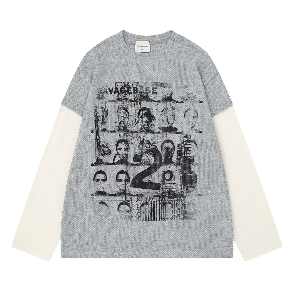 Faux-Layered Long Sleeve Graphic Tee – SAVAGEBASE Portrait Print, Men's