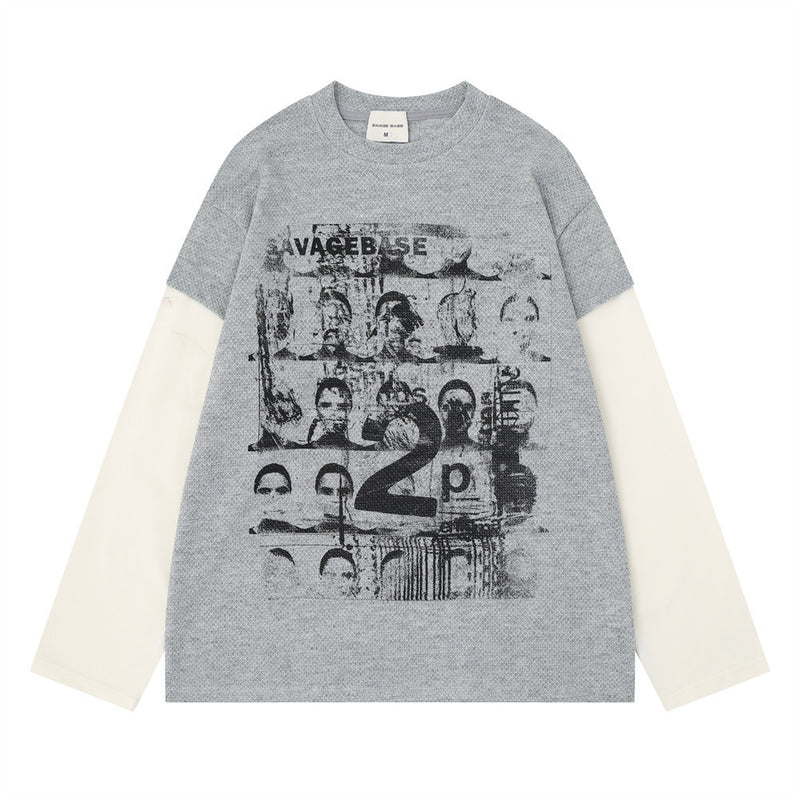 Faux-Layered Long Sleeve Graphic Tee – SAVAGEBASE Portrait Print, Men's
