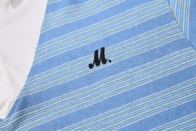 Striped Faux Two-Piece Polo Collar Long Sleeve T-Shirt