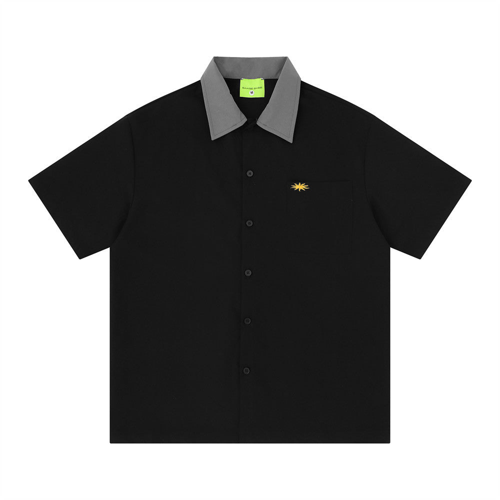 Men's colorblock short sleeve button-up shirt in black with grey contrast collar and embroidered sun logo, back reads Always