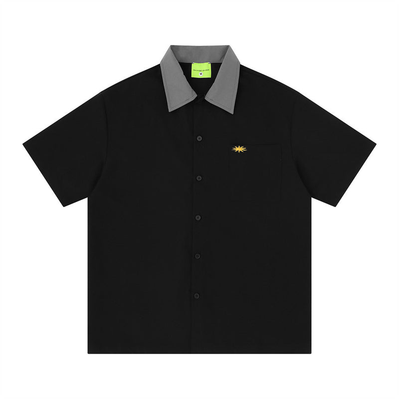Men's colorblock short sleeve button-up shirt in black with grey contrast collar and embroidered sun logo, back reads Always