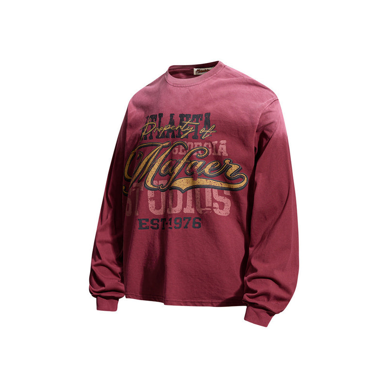 Angled front view of burgundy long sleeve shirt with distressed vintage graphic