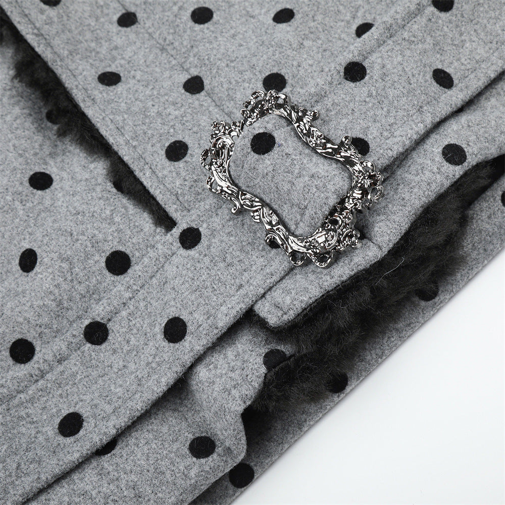 Polka Dot Wool-Blend Jacket Men – Fur Collar, Padded, Stand Collar with Belt