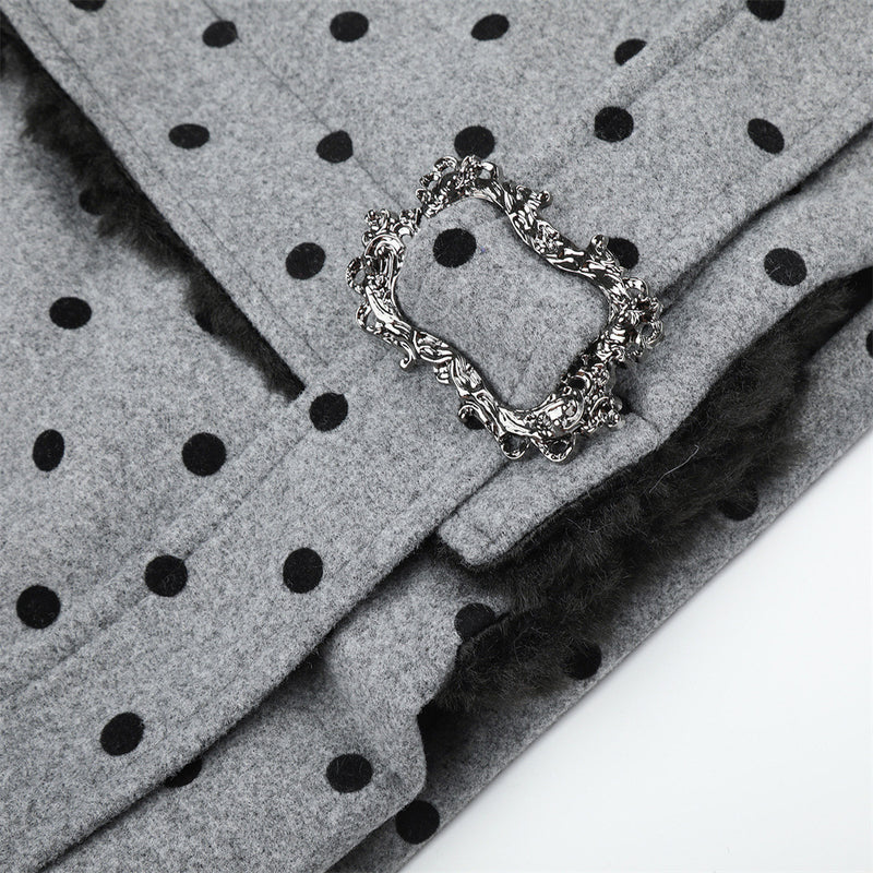 Polka Dot Wool-Blend Jacket Men – Fur Collar, Padded, Stand Collar with Belt