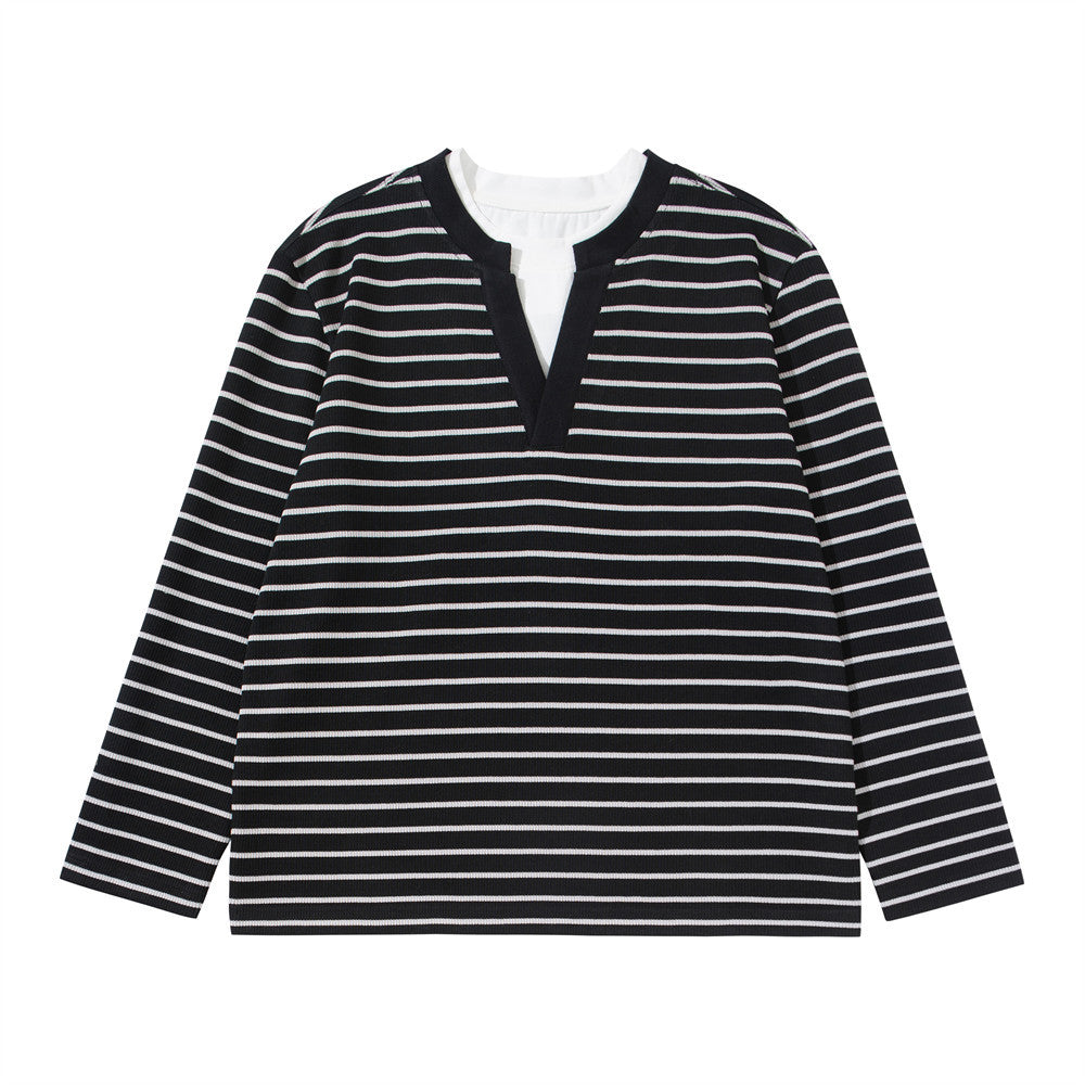 Men's black and white striped long sleeve V-neck shirt with faux double-layer collar, front and back view