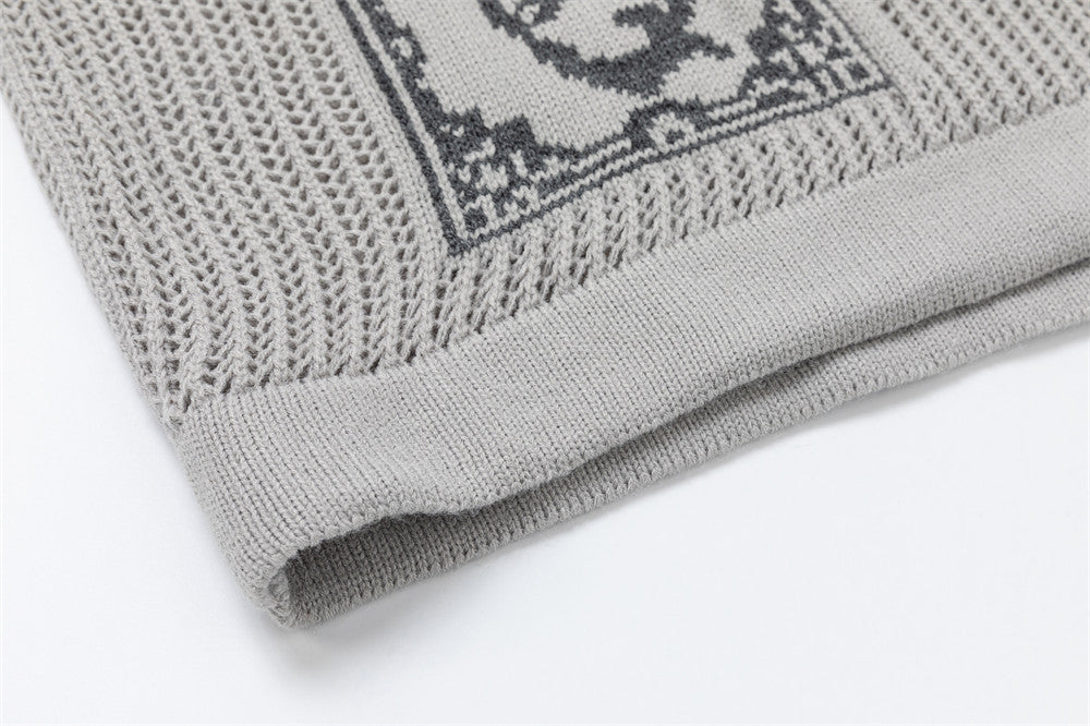 Jacquard Open-Knit Cardigan Sweater – Relaxed Fit with Graphic Tile Pattern