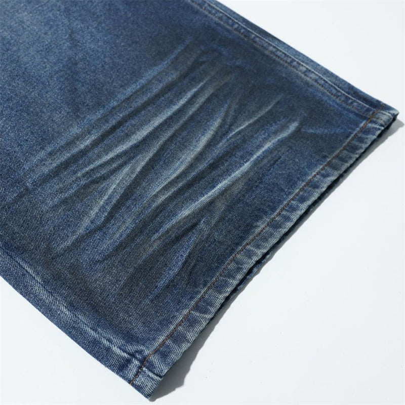Straight Leg Jeans Mens Wide-Leg Punk Washed Denim with Rivet Pocket Detail