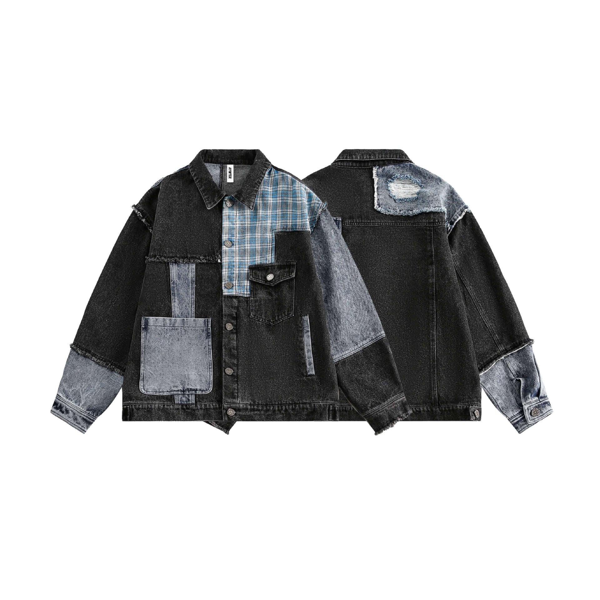 Cazadora vaquera extragrande vintage de patchwork y efecto desgastado en azul tinta, con panel de cuadros y bordes deshilachados, por delante y por detrás