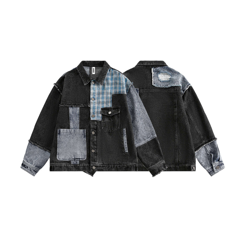 Cazadora vaquera extragrande vintage de patchwork y efecto desgastado en azul tinta, con panel de cuadros y bordes deshilachados, por delante y por detrás