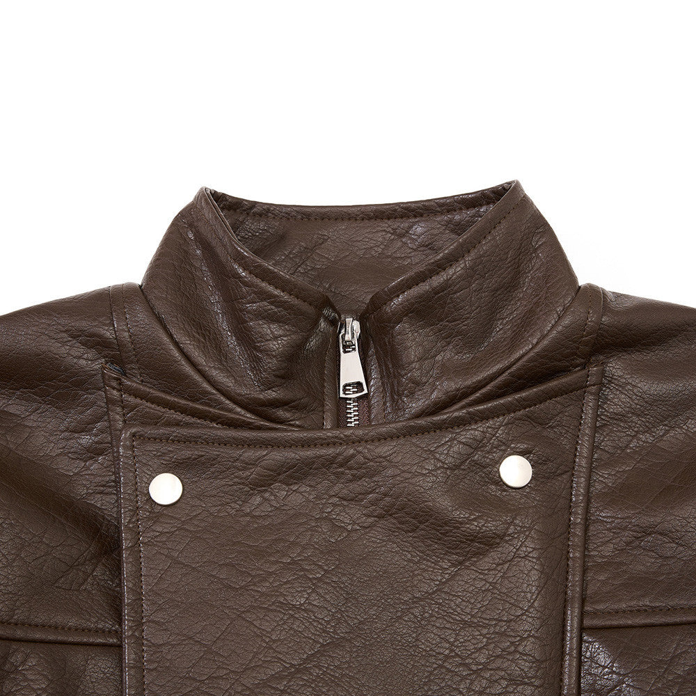 Men's Oversized PU Leather Bomber Jacket – Stand Collar Double-Breasted Snap