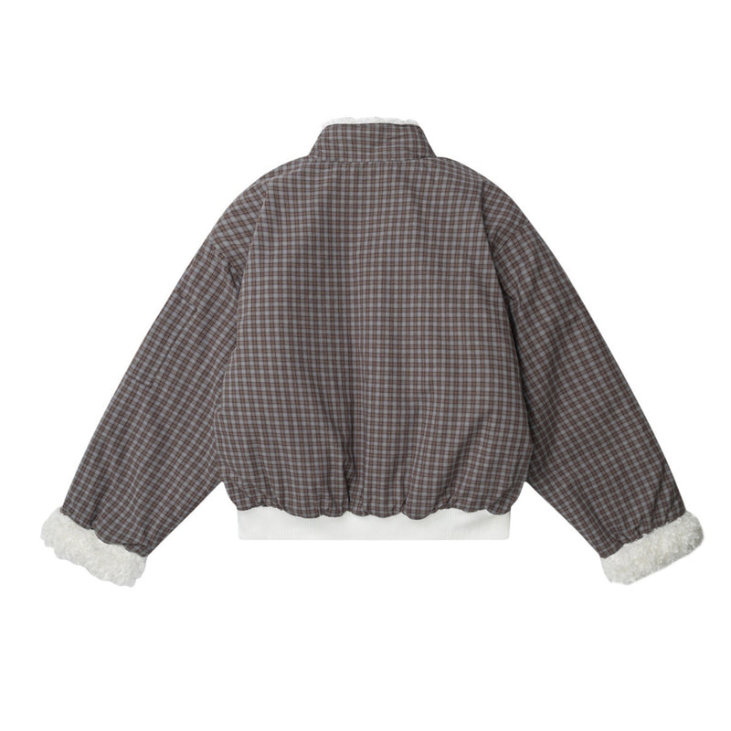 Reversible Plaid & Sherpa Bomber Jacket – Vintage 1988 Embroidered Padded Coat