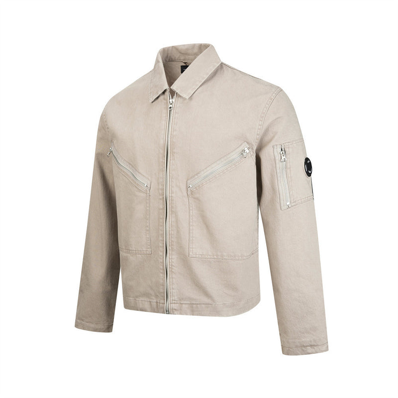 Men Zip-Up Jacket with Multi-Pocket Design – Vintage Washed Workwear Overshirt