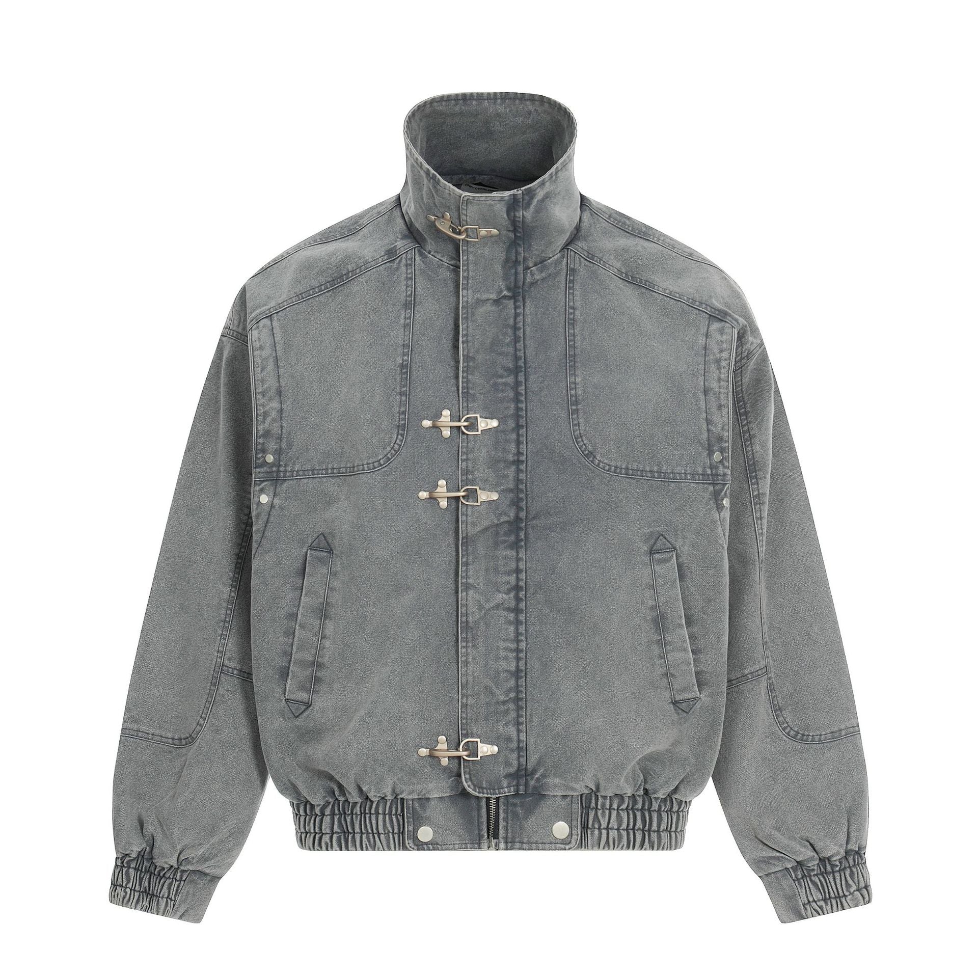 Veste Harrington en denim délavé avec fermoirs métalliques – Gris délavé à l'acide