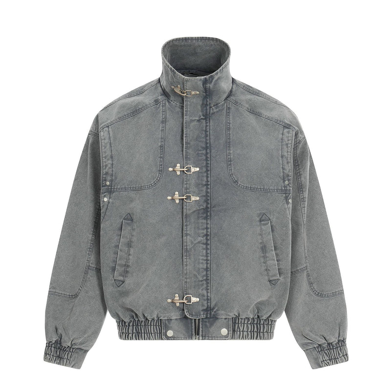 Veste Harrington en denim délavé avec fermoirs métalliques – Gris délavé à l'acide