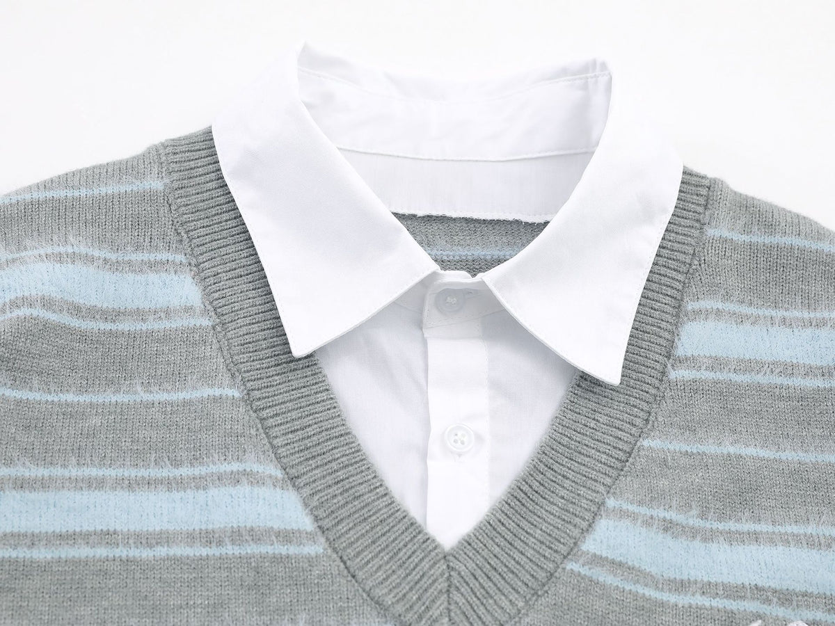 Striped Knit Sweater with Layered Shirt Collar and Tie Detail, Preppy Academy